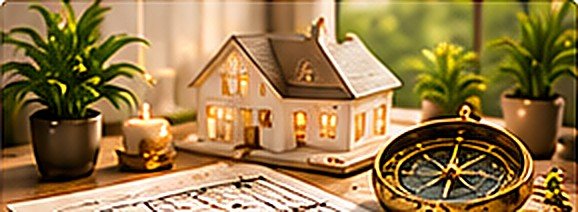 Miniature house beside a compass and floor plans