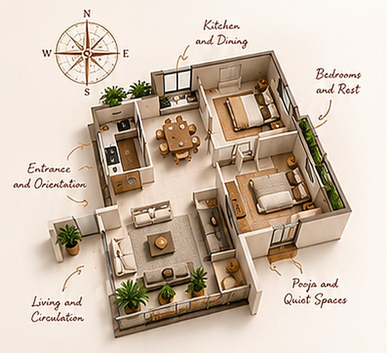 Illustrated Vaastu floor plan showing entrance, kitchen, bedrooms, pooja room and living areas with a compass