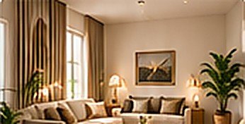Bright living room with plants and warm decor, Vaastu-balanced home interior