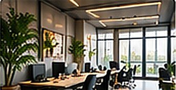 Bright modern office with large windows and plants, Vaastu-friendly workspace